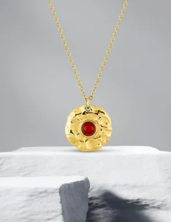 Collier pendentif acier doré et rubis synthétique SO OR