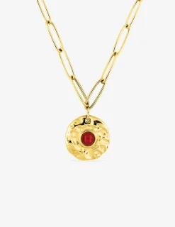 Collier pendentif acier doré et rubis synthétique chaine alternée SO OR