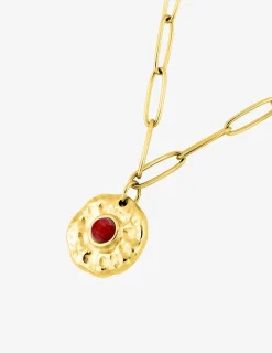 Collier pendentif acier doré et rubis synthétique chaine alternée SO OR