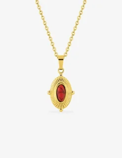 Collier pendentif acier doré, motif ovale et turquoise rouge synthétique SO OR