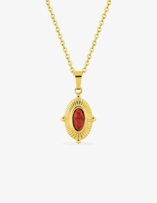 Collier pendentif acier doré, motif ovale et turquoise rouge synthétique SO OR