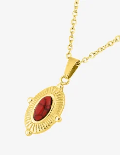 Collier pendentif acier doré, motif ovale et turquoise rouge synthétique SO OR