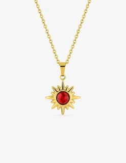 Collier pendentif acier doré, chaine forçat et turquoise rouge synthétique SO OR