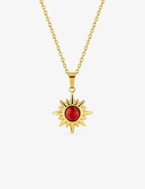 Collier pendentif acier doré, chaine forçat et turquoise rouge synthétique SO OR