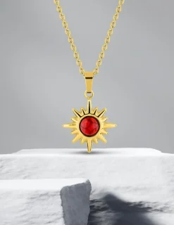 Collier pendentif acier doré, chaine forçat et turquoise rouge synthétique SO OR
