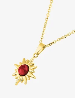 Collier pendentif acier doré, chaine forçat et turquoise rouge synthétique SO OR