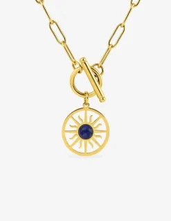 Collier pendentif acier doré, lapis-lazuli bleu et fermoir barrette SO OR