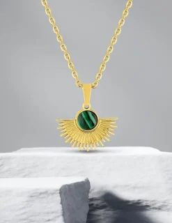 Collier pendentif acier doré malachite 45cm SO OR