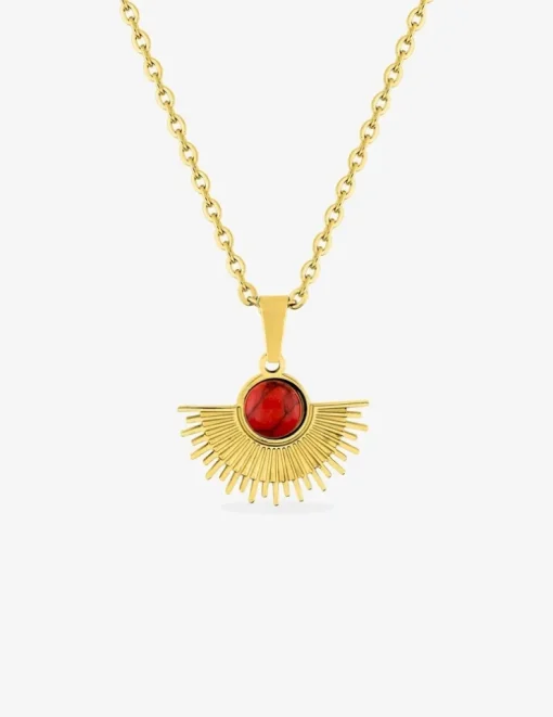 Collier pendentif acier doré et turquoise rouge 45cm SO OR