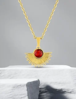 Collier pendentif acier doré et turquoise rouge 45cm SO OR