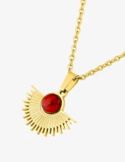 Collier pendentif acier doré et turquoise rouge 45cm SO OR