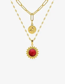 Collier pendentif double acier doré et agate rouge SO OR