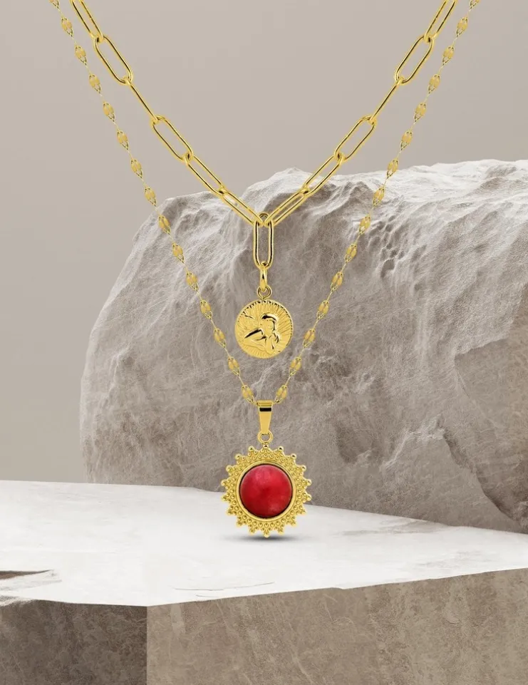 Collier pendentif double acier doré et agate rouge SO OR