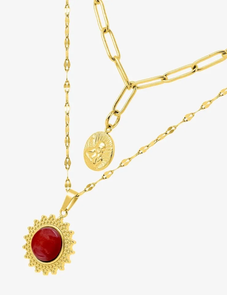 Collier pendentif double acier doré et agate rouge SO OR