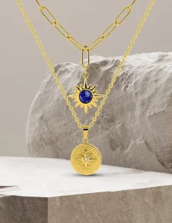 Collier pendentif double en acier doré et lapis-lazuli bleu synthétique SO OR