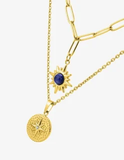 Collier pendentif double en acier doré et lapis-lazuli bleu synthétique SO OR