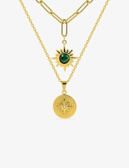 Collier pendentif double en acier doré et malachite synthétique SO OR