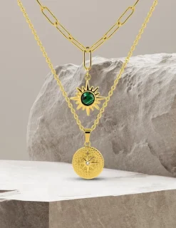 Collier pendentif double en acier doré et malachite synthétique SO OR