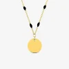 Collier pendentif fantaisie noir et acier doré, plaque ronde SO OR