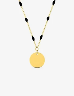Collier pendentif fantaisie noir et acier doré, plaque ronde SO OR