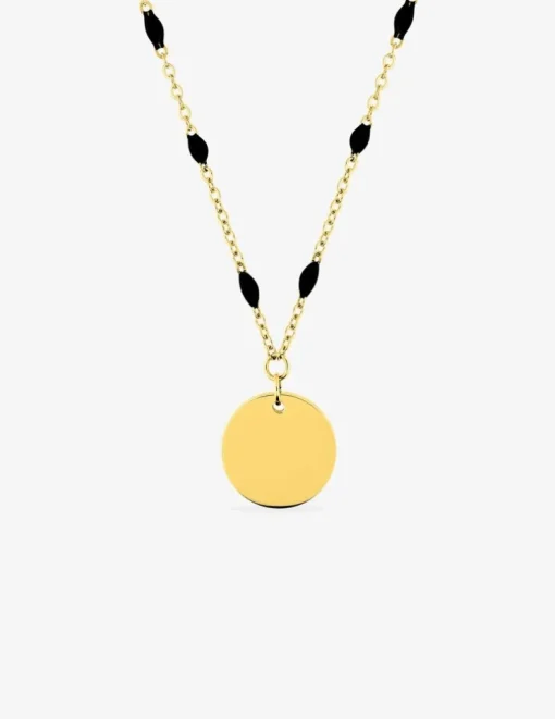 Collier pendentif fantaisie noir et acier doré, plaque ronde SO OR