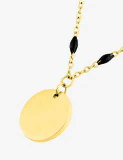 Collier pendentif fantaisie noir et acier doré, plaque ronde SO OR