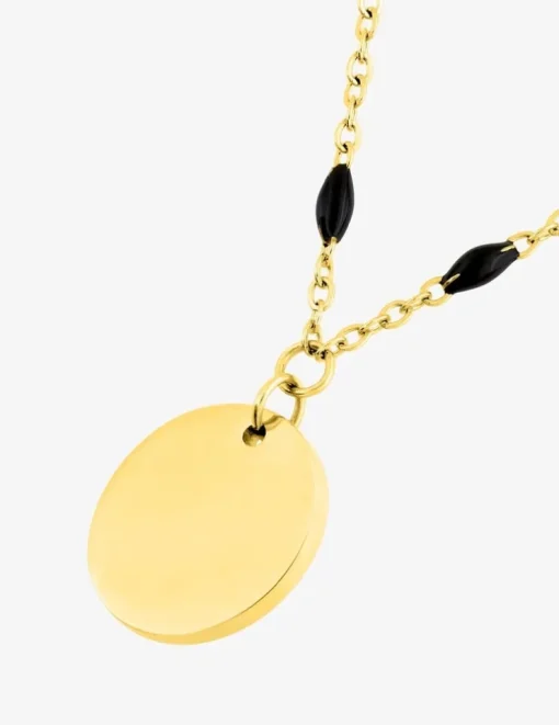 Collier pendentif fantaisie noir et acier doré, plaque ronde SO OR