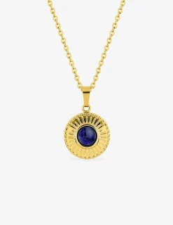 Collier pendentif fantaisie acier doré, motif et lapis-lazuli bleu SO OR