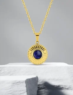 Collier pendentif fantaisie acier doré, motif et lapis-lazuli bleu SO OR