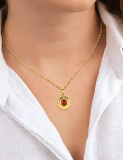 Collier pendentif fantaisie acier doré, motif et turquoise rouge synthétique SO OR