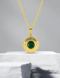 Collier pendentif fantaisie acier doré, motif malachite synthétique SO OR