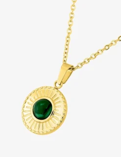 Collier pendentif fantaisie acier doré, motif malachite synthétique SO OR