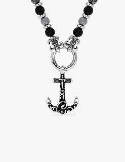 Collier perles obsidienne en acier noirci avec pendentif anneau et ancre marine SO OR