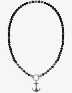 Collier perles obsidienne en acier noirci avec pendentif anneau et ancre marine SO OR