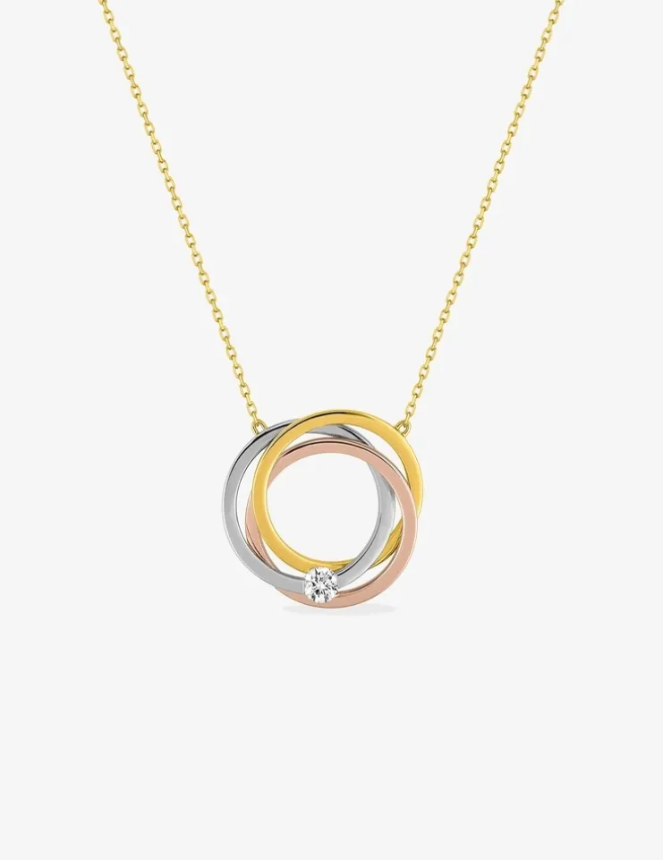 Collier tricolore anneaux entrelacés et oxyde de zirconium en or jaune 375 ‰ SO OR
