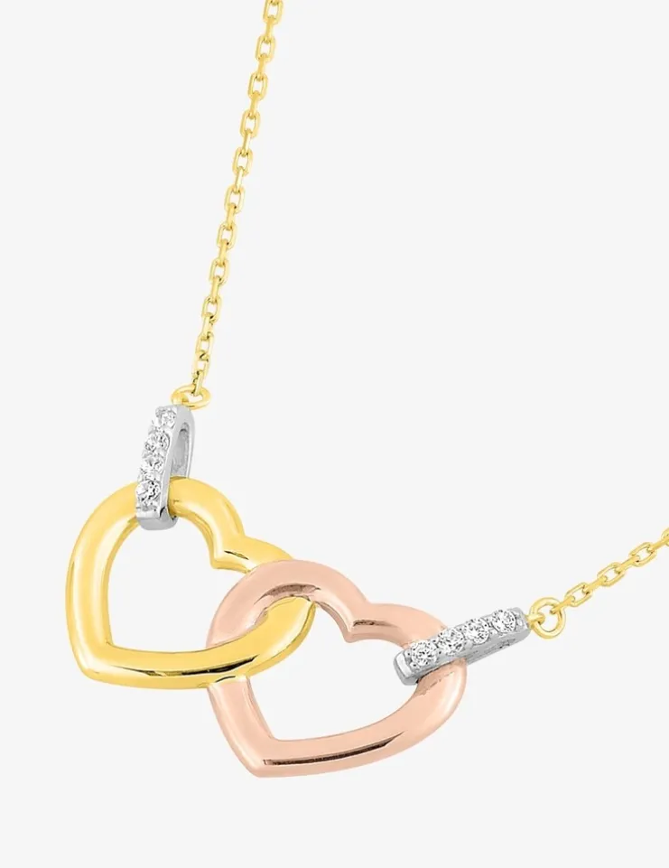 Collier tricolore double cœur or 375‰ et oxydes de zirconium SO OR