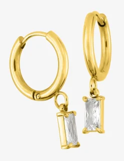 Créoles acier doré et oxyde de zirconium blanc rectangle SO OR