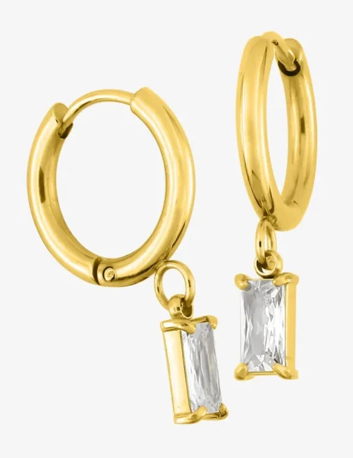 Créoles acier doré et oxyde de zirconium blanc rectangle SO OR