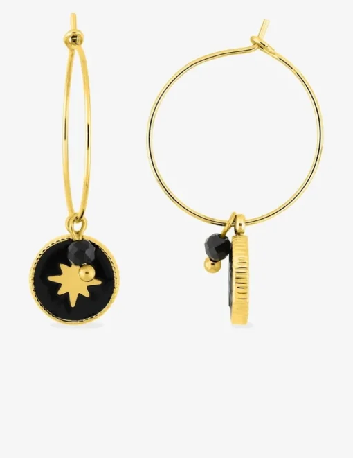 Créoles acier jaune pendentif étoile et agate noire SO OR