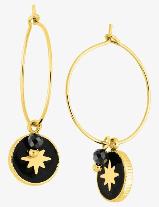 Créoles acier jaune pendentif étoile et agate noire SO OR
