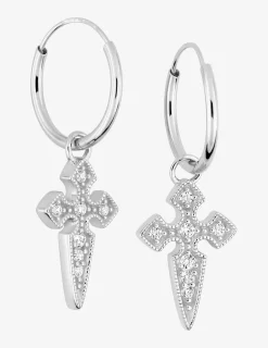 Créoles or blanc 375 ‰ avec breloques croix et oxydes de zirconium SO OR