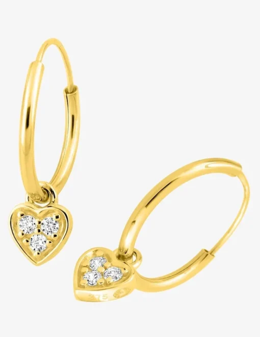 Créoles or jaune 375 ‰ avec breloques "cœur" et oxydes de zirconium SO OR