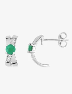 Demi-créoles croisées or blanc 375‰, oxydes de zirconium et émeraude SO OR