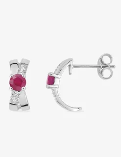 Demi-créoles croisées or blanc 375‰, oxydes de zirconium et rubis SO OR