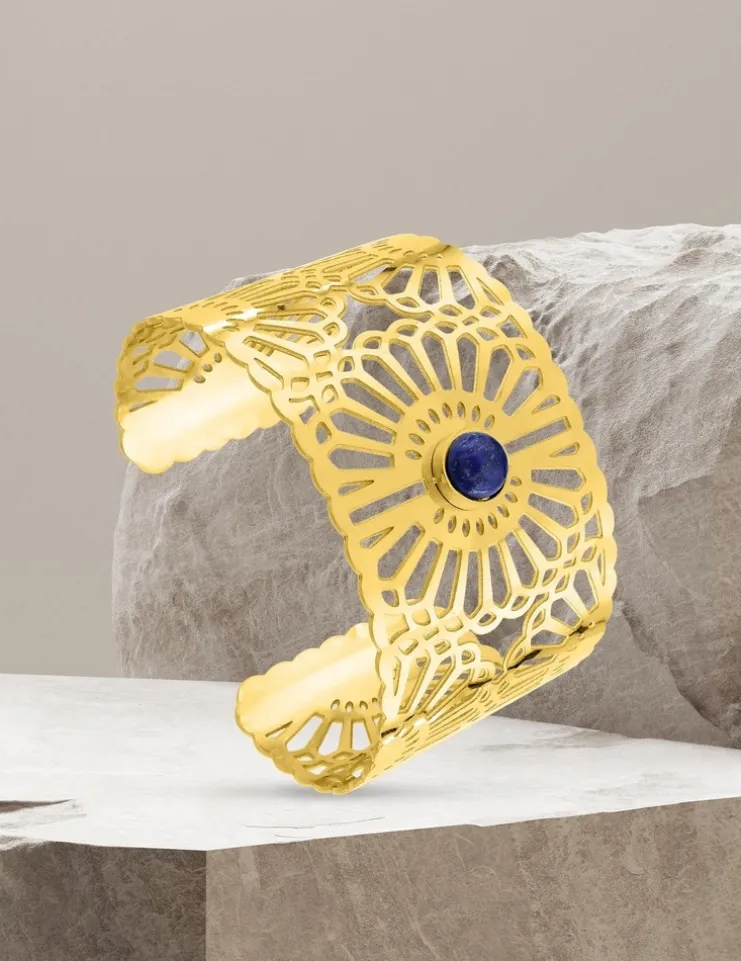 Manchette acier doré et lapis-lazuli bleu SO OR