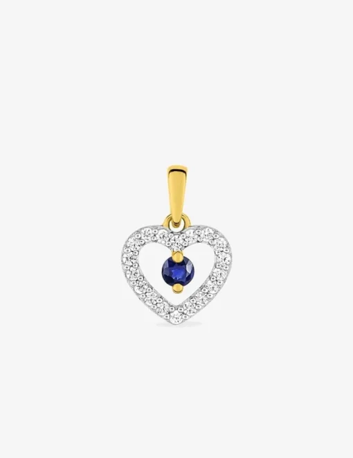 Pendentif cœur or jaune 375‰, rhodium, saphir et oxydes de zirconium SO OR