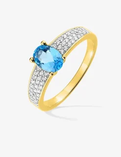 Solitaire accompagné plaqué or, rhodium, oxyde de zirconium bleu et pavage oxydes de zirconium blancs SO OR